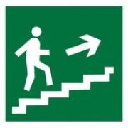 Знак E15 «направление к эвакуационному выходу по лестнице ВВЕРХ НАПРАВО»